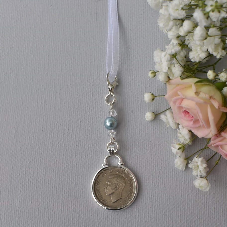 sixpence bouquet charm and a something blue bead