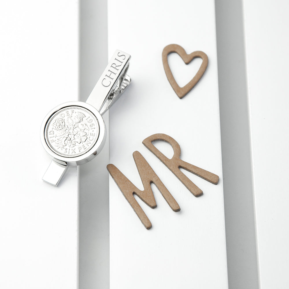 Silver plated sixpence tie pin, can be engraved with a name, date or initials'