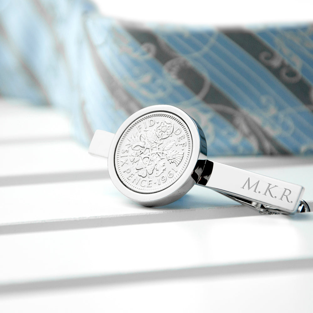 silver plated tie pin with traditional british sixpence, shown with engraved initials