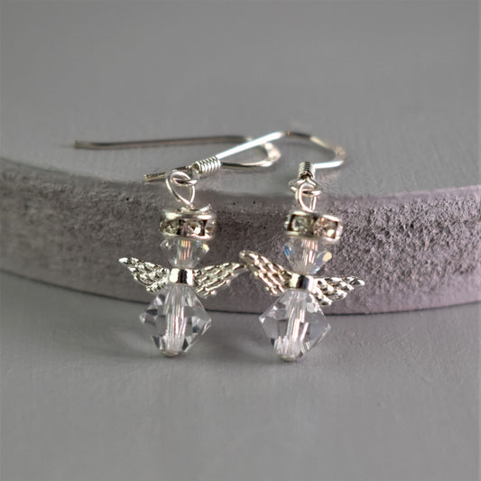 snow angel earrings shown in clear crystal with sterling silver wires