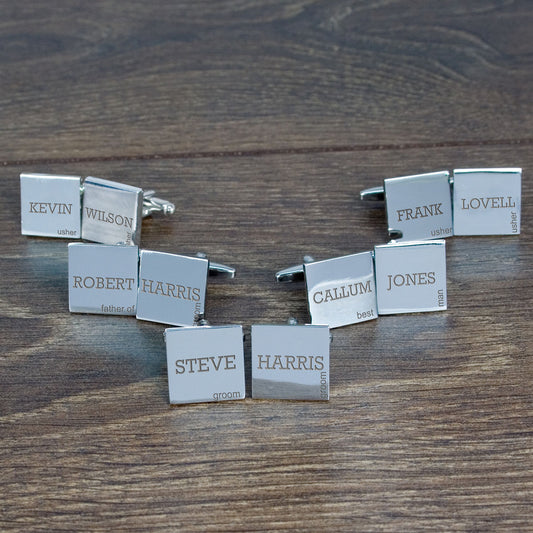Wedding party silver plated cufflinks that can be personalised with a name and their role in the wedding. Set of five pairs.
