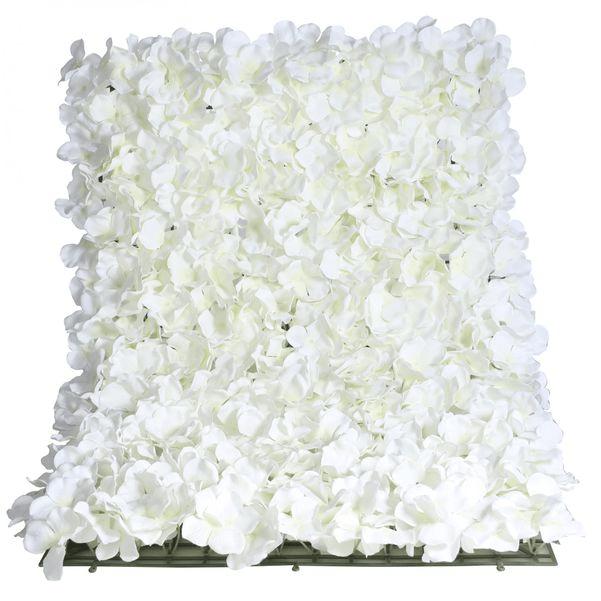 White hydrangea wall panel shown with green mesh which links with other panels to form a flower wall