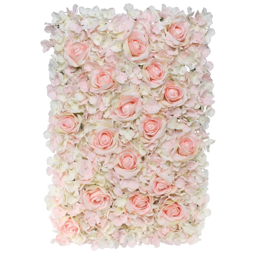 cream and pink hydrangea wall panel studded with pink roses, backed with green mesh which ties together with other panels to form a flower  wall