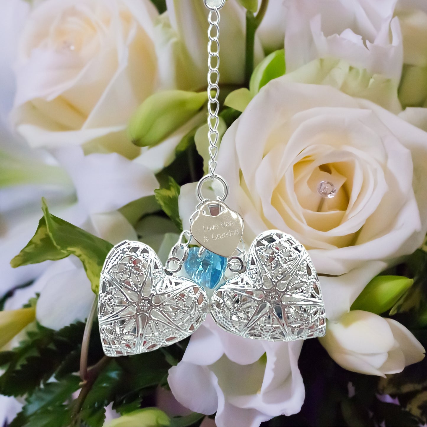 Double bouquet charm with sterling silver engraved heart